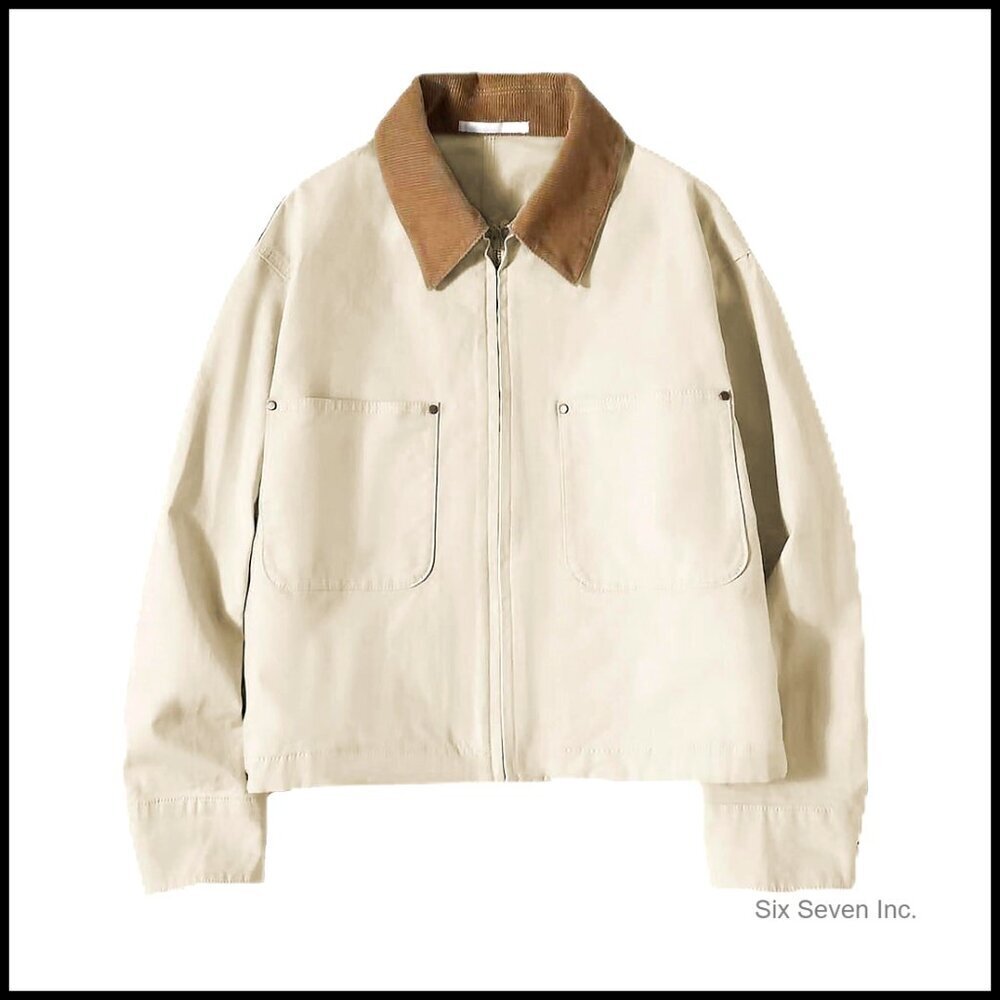 Cropped Bomber Jacket Corduroy Collar Lightweight Utility Zip Up Workwear Chic - Picture 1 of 7